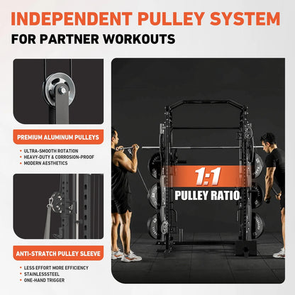 Smith Machine, All-In-One Power Rack Cage with Vertical Leg Press, 2000LBS Power Cage Squat Rack with Smith Bar, Dual Pulley Cable Crossover System for Home Gym with Weight Bench